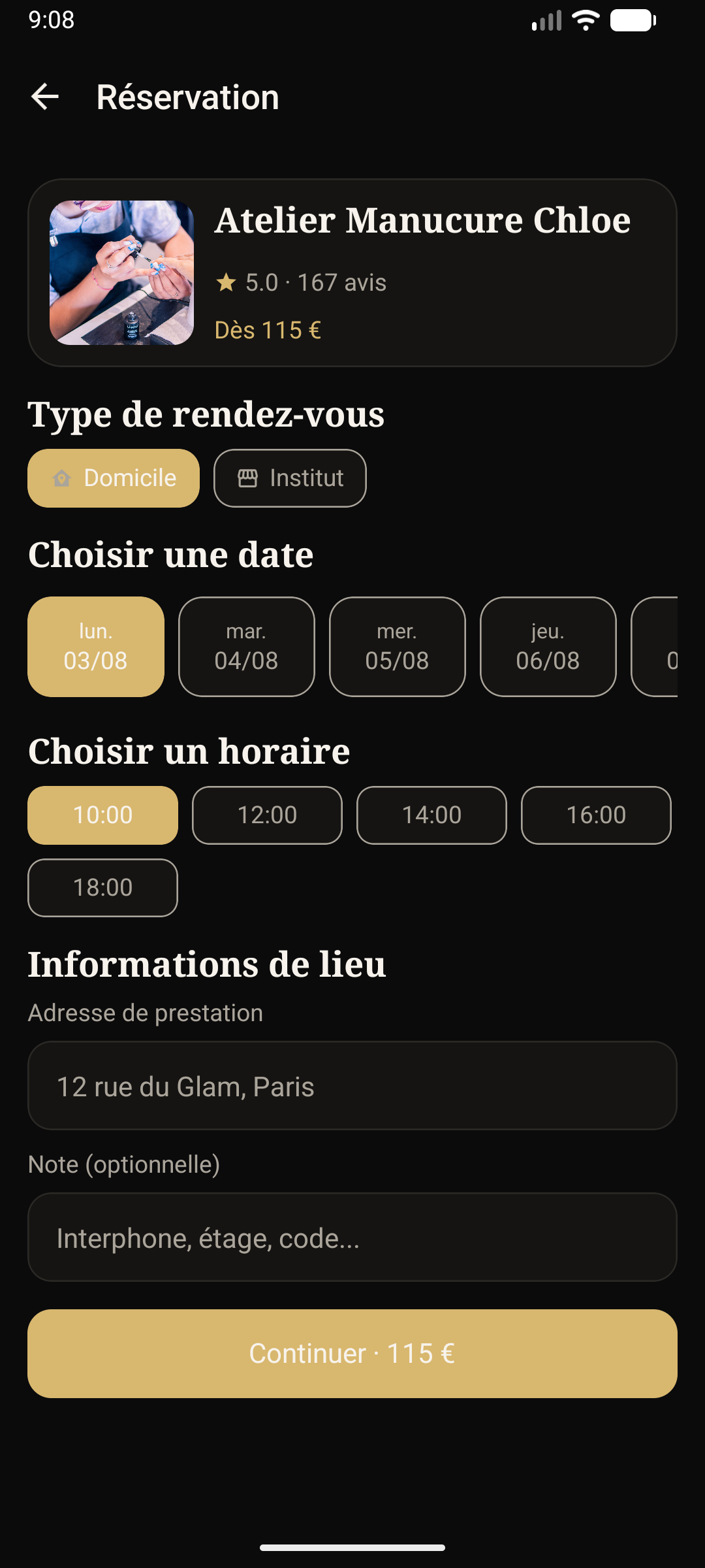 Choix d’une date et d’un horaire pour une réservation Upper Glam